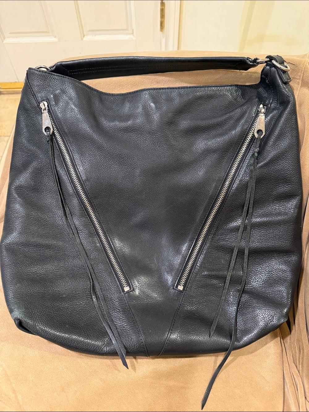 Rebecca Minkoff Black Leather Shoulder Hobo with Angled Zippers